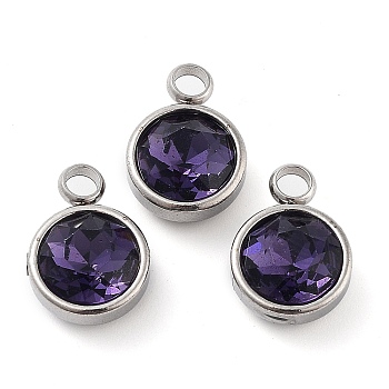 Glass Charms, May Birthstone Charms, Faceted, with 304 Stainless Steel Findings, Flat Round, Indigo, 14x10x6.5mm, Hole: 2.5mm