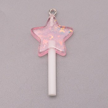 Resin Pendants, with Platinum Tone Iron Loop and Paillette/Sequins, Plastic Handle, Star Lollipop, Pink, 42x20x7mm, Hole: 2mm