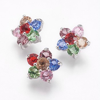 Brass Cubic Zirconia Shank Buttons, Flower, Colorful, Platinum, 12x12x7.5mm, Hole: 1.2mm