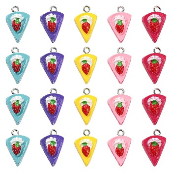 50Pcs 5 Colors Opaque Resin Pendants, Cake Charm with Strawberry, with Platinum Plated Iron Loops, Imitation Food, Mixed Color, 19.5x13.5x13mm, Hole: 2mm, 10pcs/color