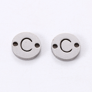 201 Stainless Steel Links, Laser Cut, Flat Round with Letter, Letter.C, 6x6x1mm, Hole: 0.8mm