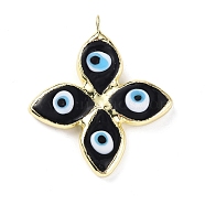Handmade Lampwork Big Pendants, with Eco-friendly Ligh Gold Brass Findings, Long-Lasting Plated, Cadmium Free & Lead Free, 4-Petal Flower with Evil Eye Charm, Black, 53x46x4mm, Hole: 4.5mm(LAMP-C009-03LG-01)