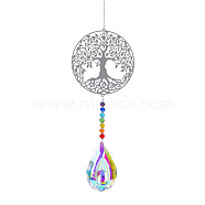 Metal Big Pendant Decorations, Hanging Sun Catchers, Chakra Theme K9 Crystal Glass, Flat Round with Tree of Life, Colorful, 49cm(HJEW-PW0001-007D)