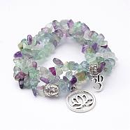 Natural Fluorite Stretch Bracelet Sets, with Tibetan Style Alloy Pendants, Antique Silver, 2 inch(48mm)~2-1/8 inch(53mm)(BJEW-JB02621)