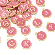 Golden Plated Alloy Enamel Charms, Enamelled Sequins, Flat Round with Random Mixed Letters, Camellia, 14x12x2mm,Hole:1.50mm(ENAM-S118-08-M)