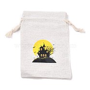 Halloween Cotton Cloth Storage Pouches, Rectangle Drawstring Bags, for Candy Gift Bags, Tower Pattern, 13.8x10x0.1cm(ABAG-M004-01F)