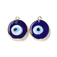 Handmade Lampwork Pendants, with Golden Plated Brass Findings, Cadmium Free & Lead Free, Flat Round with Evil Eye, Dark Blue, 21x18x4.5mm, Hole: 1.6mm(LAMP-P057-03G-08)