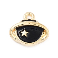 Light Gold Plated Alloy Enamel Charms, Cadmium Free & Lead Free, Planet Charm, Black, 12x13x4mm, Hole: 1.6mm(ENAM-M219-10KCG-01)