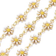 Handmade Brass Enamel Link Chains, with Spool, Soldered, Long-Lasting Plated, Golden, Daisy, White, 12.5x7.5x2mm, about 32.8 Feet(10m)/roll(CHC-I035-13G-02)