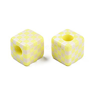 Opaque Resin European Beads, Large Hole Beads, Cube with Tartan Pattern, Yellow, 20x20x20mm, Hole: 9mm(RESI-N022-10B-C03)