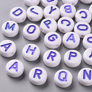 Opaque White Acrylic Beads, with Enamel, Horizontal Hole, Flat Round with Random Initial Letter, Purple, 9.5x4.5mm, Hole: 2mm, 1580pcs/500g(SACR-T338-12A)