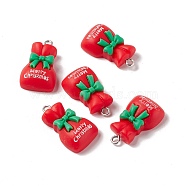 Christmas Theme Opaque Resin Pendants, with Platinum Tone Iron Findings, Gift Bag, Red, 25x15x7mm, Hole: 2mm(FIND-E025-13)