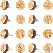 8 Pairs 4 style Natural Wood Flat Round Stud Earrings, with 304 Stainless Steel Pins, Tree & Leaf & Cactus, Bisque, 12x4mm, Pin: 0.6mm, 2 Pair/style(EJEW-SC0001-47)