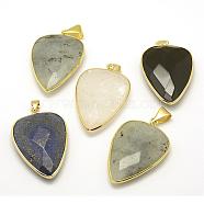 Faceted Natural Mixed Stone Pendants, with Golden Tone Brass Findings, teardrop, 40x27x7~9mm, Hole: 4x5mm(G-F340-02)