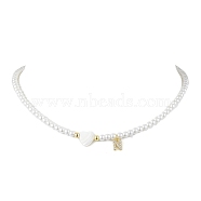 Brass Micro Pave Grade AAA Cubic Zirconia Letter Pendant Necklaces, Heart & Round Baking Painted Pearlized Glass Pearl Beaded Necklaces for Women, Letter N, 15.20 inch(38.6cm)(NJEW-JN04771-14)