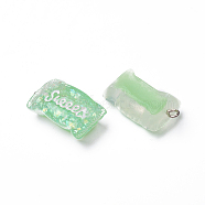 Resin Pendants, with Platinum Plated Iron Findings, Suger with Word Sweet , Imitation Food, Green, 29.5x16x10.5mm, Hole: 2.5mm(RESI-TAC0002-18B)