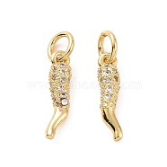 Rack Plating Brass Micro Clear Pave Cubic Zirconia Charms, with Jump Ring, Long-Lasting Plated, Cadmium Free & Lead Free, Horn of Plenty/Italian Horn Cornicello, Real 18K Gold Plated, 14x3.5x3mm, Jump Ring: 5x1mm, Inner Diameter: 3.5mm(KK-C008-13G)