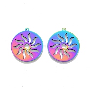 Ion Plating(IP) 201 Stainless Steel Pendants, Flat Round with Sun, Rainbow Color, 27x25x1.5mm, Hole: 1.4mm(STAS-N098-109M)