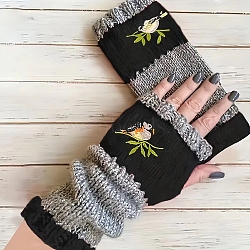 Acrylic Fibers Bird Pattern Knitting Fingerless Gloves, Arm Warmer, Winter Warm Gloves with Thumb Hole, Black, 250x100x20mm(PW-WG647CB-01)