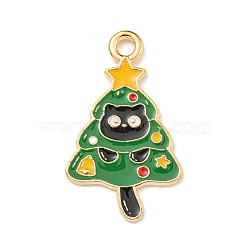 Christmas Kitty Alloy Enamel Pendants, Light Gold, Cat Charm, Christmas Tree, 25x15x1.2mm, Hole: 2mm(X-ENAM-I060-02B)