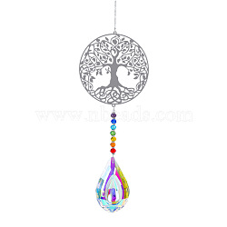 Metal Big Pendant Decorations, Hanging Sun Catchers, Chakra Theme K9 Crystal Glass, Flat Round with Tree of Life, Colorful, 49cm(HJEW-PW0001-007D)