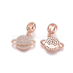Brass Micro Pave Cubic Zirconia European Dangle Charms, Large Hole Pendants, Planet, Clear, Rose Gold, 22mm, Planet: 13x17x2.5mm, Hole: 5mm(ZIRC-E163-07RG)