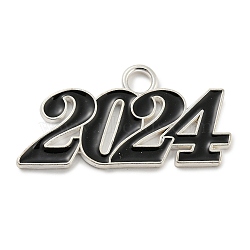 Alloy Enamel Pendants, Lead Free and Cadmium Free, Number 2024 Charm, Silver, Black, 18.5x36.5x1.5mm, Hole: 4mm(PALLOY-ZX001-12S-02)
