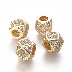 Brass Micro Pave Cubic Zirconia Beads, Polygon, Clear, Real 18K Gold Plated, 6.5~7x6.5~7x6.5~7mm, Hole: 3mm, Diagonal Length: 9mm(ZIRC-L088-01B-G)