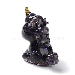 Resin Unicorn Figurine Home Decoration, with Natural Amethyst Chips Inside Display Decorations, 60x50x30mm(UNIC-PW0001-054F)