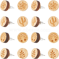 8 Pairs 4 style Natural Wood Flat Round Stud Earrings, with 304 Stainless Steel Pins, Tree & Leaf & Cactus, Bisque, 12x4mm, Pin: 0.6mm, 2 Pair/style(EJEW-SC0001-47)