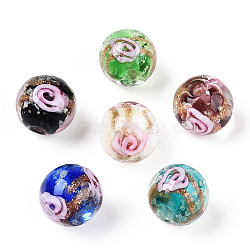 Luminous Handmade Gold Sand Lampwork Beads, Glow in the Dark, Round with Flower, Mixed Color, 12x11.5mm, Hole: 1.5mm(LAMP-T021-03K)