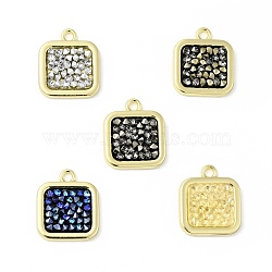 Rhinestone Pendants, with Light Gold Plated Brass Findings, Square, Cadmium Free & Lead Free, Mixed Color, 17x15x3mm, Hole: 1.8mm(KK-C246-05LG)