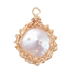 Natural Baroque Pearl Keshi Pearl Pendants, Cultured Freshwater Pearl, with Eco-Friendly Copper Wire, Flat Round, Golden, PapayaWhip, 18~22x13~18x5~6mm, Hole: 1.5~2mm(PALLOY-JF00421-03)