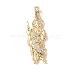 Brass Clear Cubic Zirconia Pendants, Long-Lasting Plated, God, Golden, Clear, 37.5x14x3mm, Hole: 6.5x4mm(KK-Z050-03G-03)