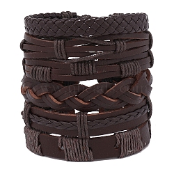 6Pcs 6 Style Adjustable Braided Imitation Leather Cord Bracelet Sets, Waxed Cord & Hemp Cords Stackable Bracelets for Men, Coconut Brown, Inner Diameter: 2~3-1/4 inch(5.2~8.2cm), 1Pc/style(BJEW-F458-04)