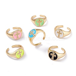 Brass Clear Cubic Zirconia Cuff Rings, Open Rings, Long-Lasting Plated, with Enamel, Real 18K Gold Plated, Flat Round with Cross, Mixed Color, 2.8~12.5mm, Inner Diameter: 18.3mm(RJEW-B034-26)