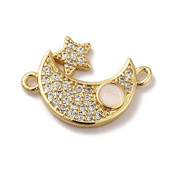 Eco-Friendly Rack Plating Brass Micro Pave Clear Cubic Zirconia Connector Charms, with Enamel, Long-Lasting Plated, Lead Free & Cadmium Free, Moon with Star, Real 18K Gold Plated, 14.5x20x2.5mm, Hole: 1.4mm(KK-F853-28G)