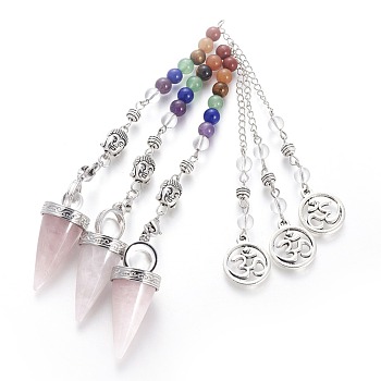 Chakra Jewelry Natural Rose Quartz Cone Dowsing Pendulums, with Brass Finding and Alloy Chain, Antique Silver, 235~245x2.5mm