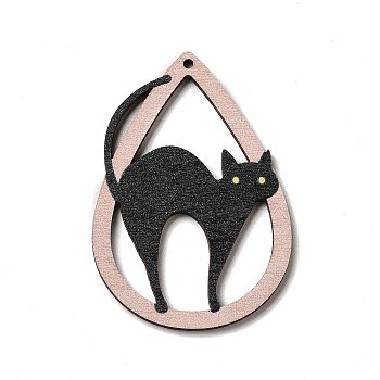 Printed Wooden Big Pendants, Teardorp Charms with Cat, for DIY Jewelry Decorated Making, Black, 57x40x2mm, Hole: 2mm