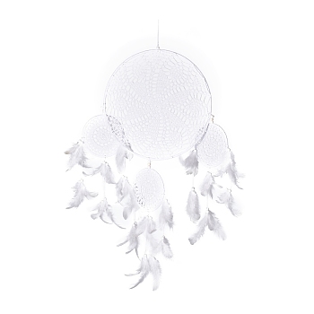 Handmade Round Cotton Woven Net/Web with Feather Wall Hanging Decoration, with Iron Rings, Wooden Beads, for Home Offices Amulet Ornament, White, 780mm