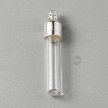 Clear Glass Tube Wish Bottle Pendants, with Zinc Alloy Finding, Silver, 34x7mm, Hole: 1.8mm