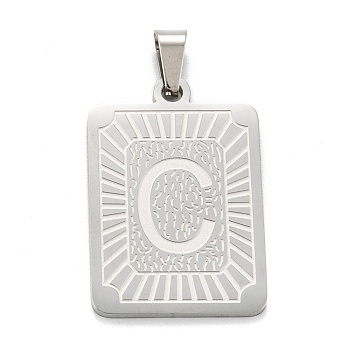 304 Stainless Steel Pendants, Rectangle with Alphabet, Letter.C, 30x20x1.5mm, Hole: 3x6mm