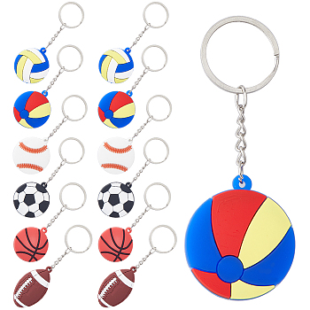 24Pcs 6 Style PVC Plastic Pendant Keychain, Sports Goods Keychain, with Platinum Plated Iron Split Key Rings, Sports Themed Pattern, 9.85~10.85cm, 4pcs/style