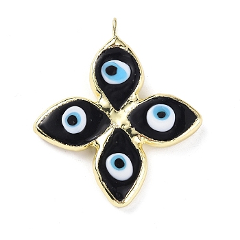 Handmade Lampwork Big Pendants, with Eco-friendly Ligh Gold Brass Findings, Long-Lasting Plated, Cadmium Free & Lead Free, 4-Petal Flower with Evil Eye Charm, Black, 53x46x4mm, Hole: 4.5mm