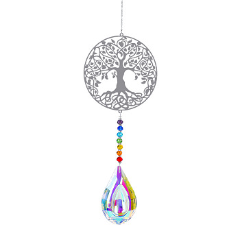 Metal Big Pendant Decorations, Hanging Sun Catchers, Chakra Theme K9 Crystal Glass, Flat Round with Tree of Life, Colorful, 49cm
