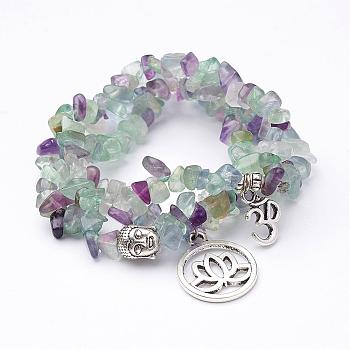 Natural Fluorite Stretch Bracelet Sets, with Tibetan Style Alloy Pendants, Antique Silver, 2 inch(48mm)~2-1/8 inch(53mm)