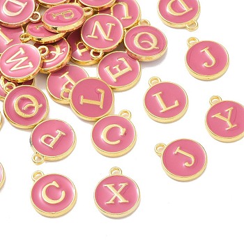Golden Plated Alloy Enamel Charms, Enamelled Sequins, Flat Round with Random Mixed Letters, Camellia, 14x12x2mm,Hole:1.50mm