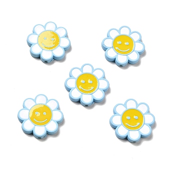 Opaque Acrylic Beads, with Enamel, Flower with Smiling Face, Light Sky Blue, 24.5~25x4mm, Hole: 1.5mm