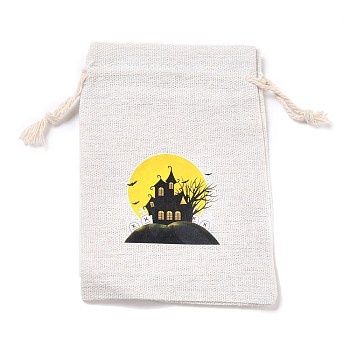 Halloween Cotton Cloth Storage Pouches, Rectangle Drawstring Bags, for Candy Gift Bags, Tower Pattern, 13.8x10x0.1cm