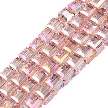 Electroplate Transparent Glass Beads Strands, Faceted, Cube, Pink, 7x7x6.5mm, Hole: 1.2mm, about 100Pcs/strand, 25.98 inch(66cm)